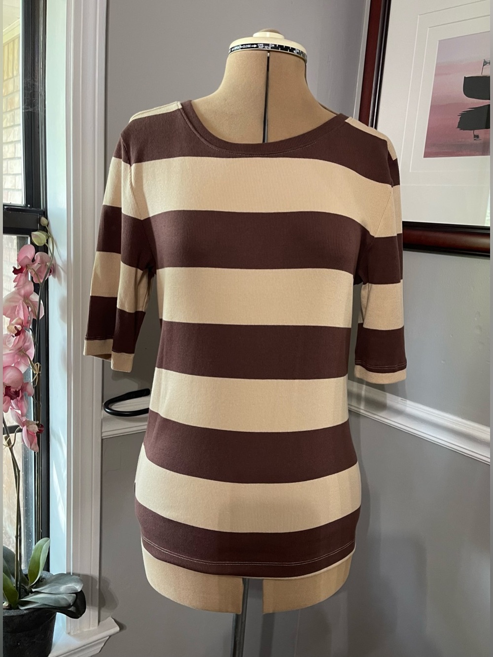 LOFT Brown & Cream Wide-Stripe Short Sleeve Top